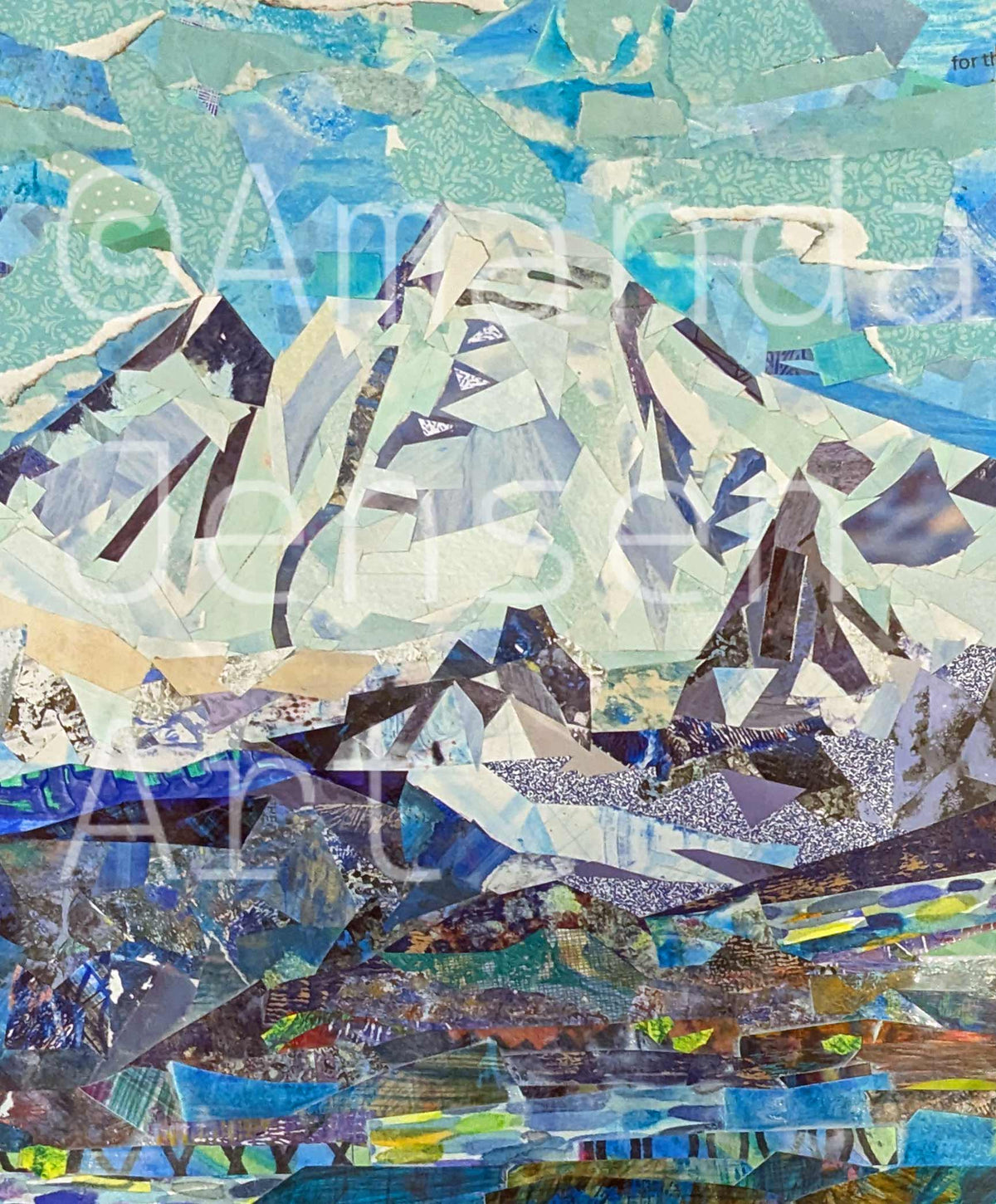 Mixed Media Collage of Mt. Baker in Washington State by Amanda Jensen featuring unique upcycled painted papers.