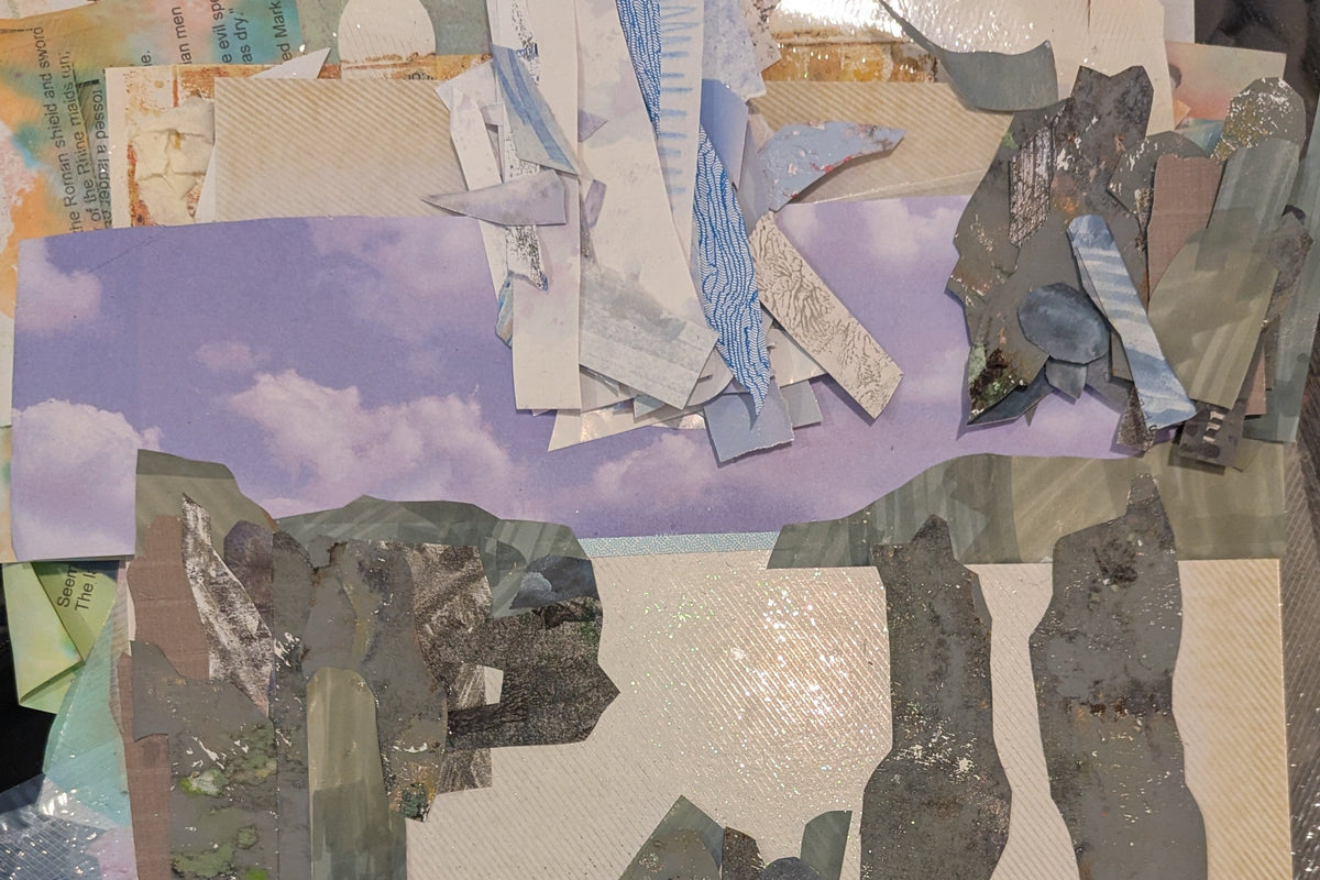 Mixed Media Collage in progress by Amanda Jensen featuring one of a kind unique upcycled painted papers.